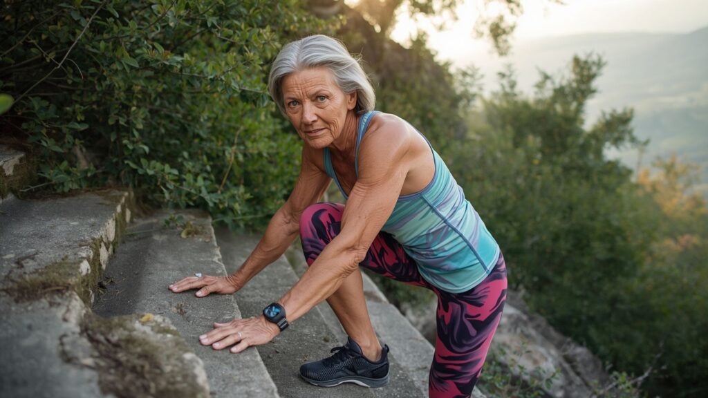 Older climber training with step exercises for mountain expedition preparation