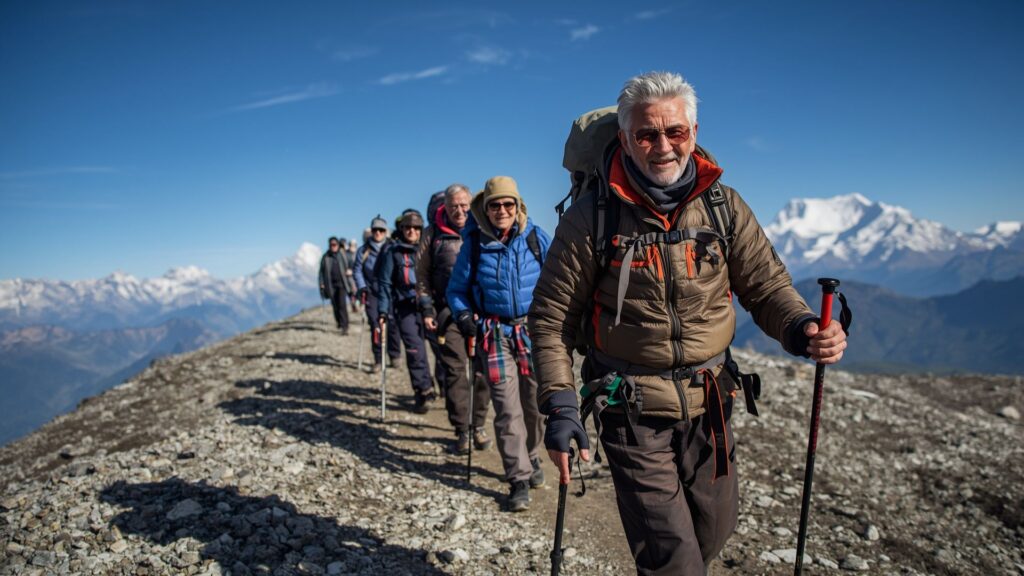 Older climber group on guided high altitude trek with professional mountain guide