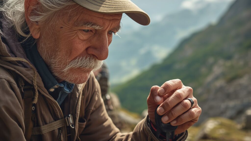 Older climber preparing equipment before mountain hike with proper gear