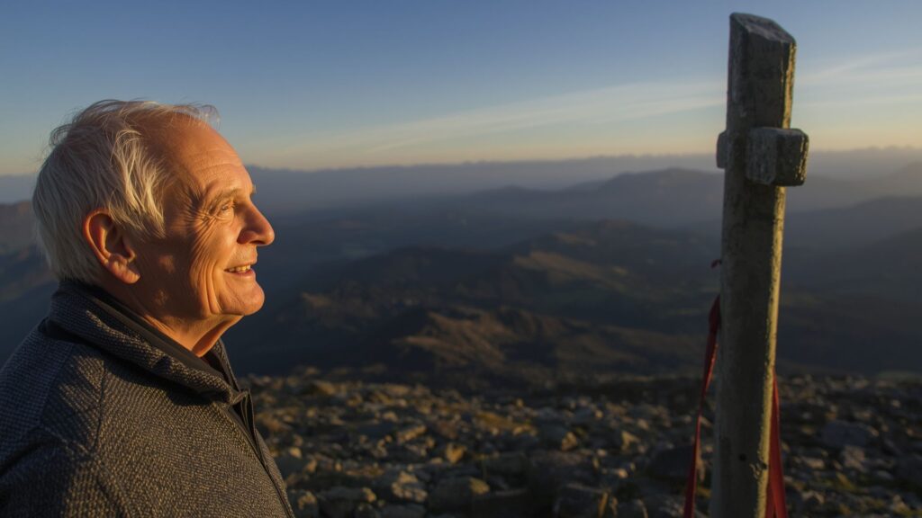 Older climber at Carrauntoohil summit reflecting on personal mountain achievement