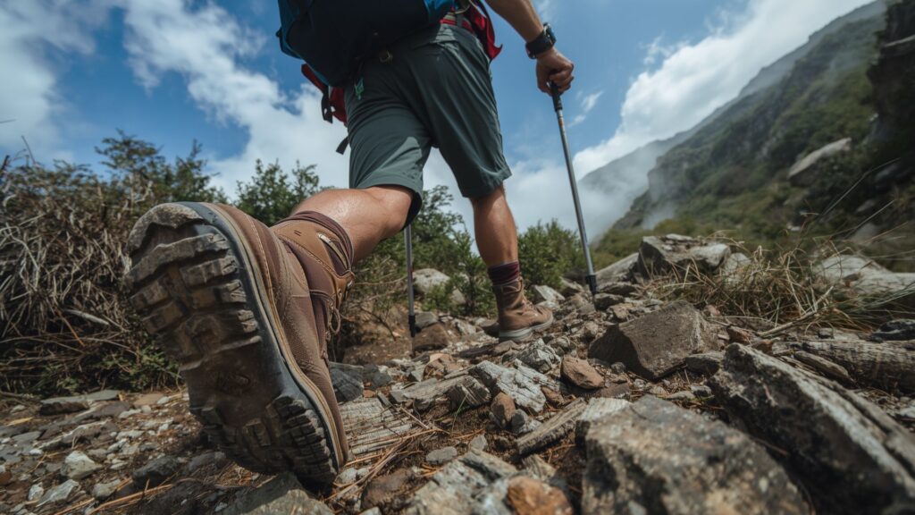 Benefits of hiking with poles for joint protection visible as hiker descends rocky terrain safely