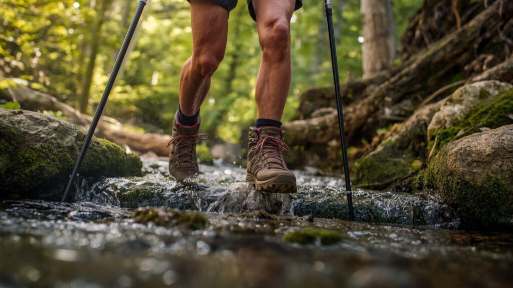 Benefits of hiking with trekking poles for balance shown while crossing challenging stream terrain