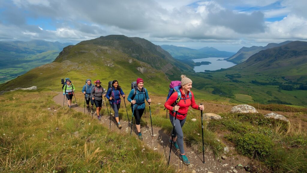 Benefits of hiking with trekking poles enjoyed by hikers of all levels on guided mountain expedition