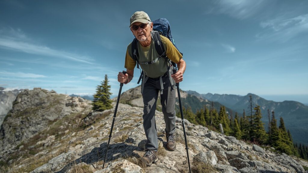 Older climber using trekking poles on challenging mountain trail in Kerry