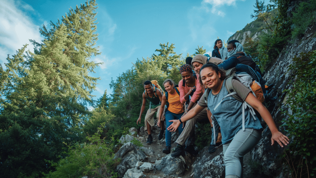Life isn't a rehearsal - hikers supporting each other on challenging mountain trail