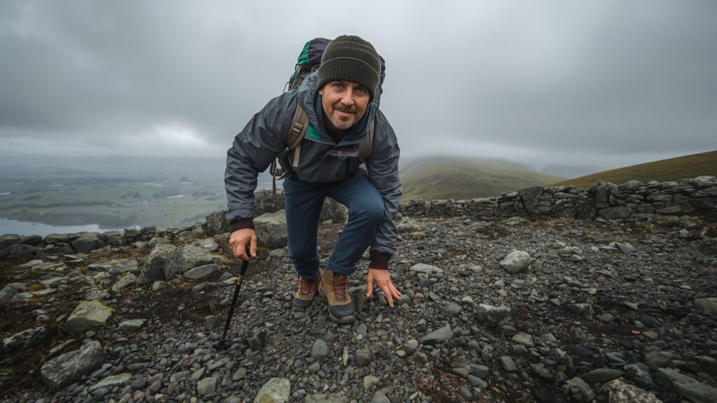 Careful descent impacting hiking time on rocky Irish mountain terrain