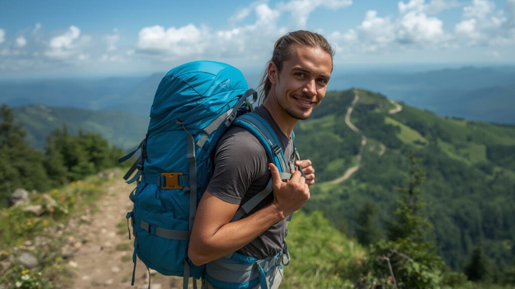 Heavy backpack weight reducing hiking time and pace on mountain trail