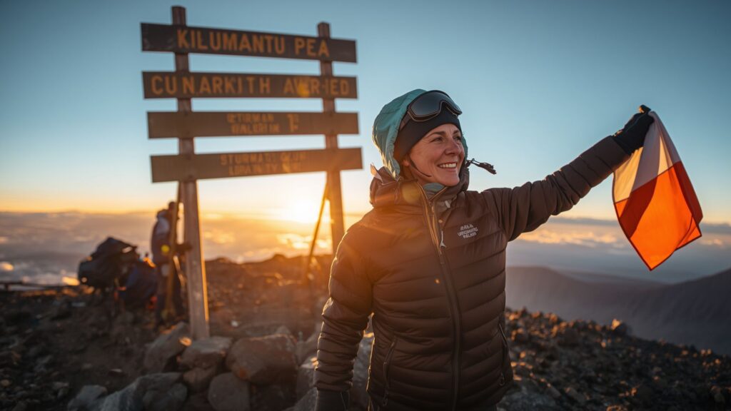Teena Gates at Kilimanjaro summit after successful African mountain expedition