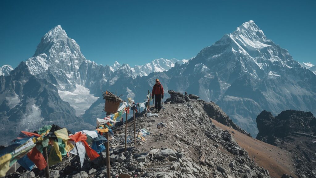 Maverick mountaineer on solitary Everest Base Camp trail demonstrating courage and independent thinking