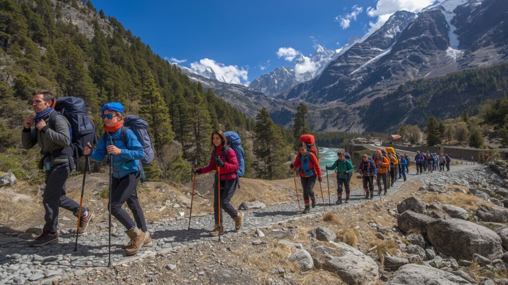 Trekkers hiking towards Everest Base Camp through Khumbu Valley Nepal