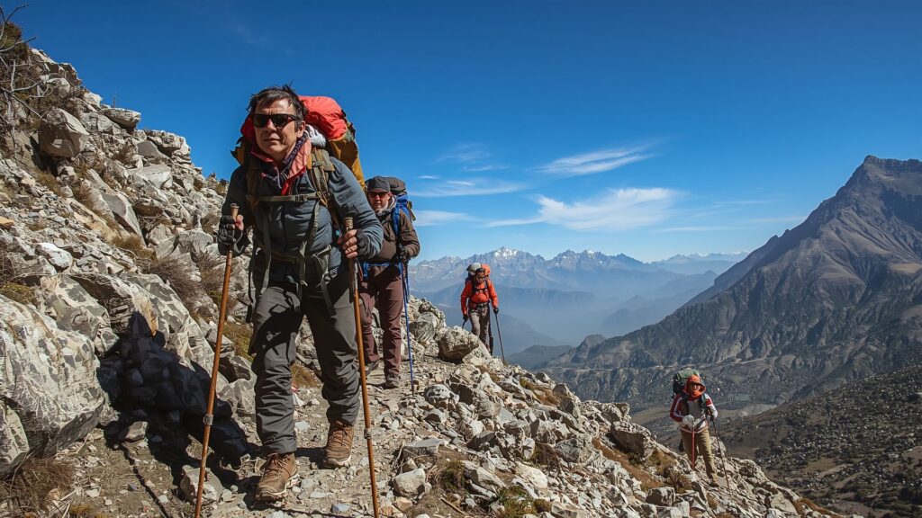 Trekkers training for Everest Base Camp on steep Himalayan trail
