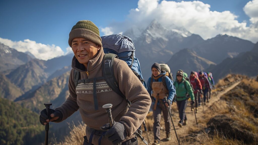 Experienced Sherpa guide leading trekkers to Everest Base Camp