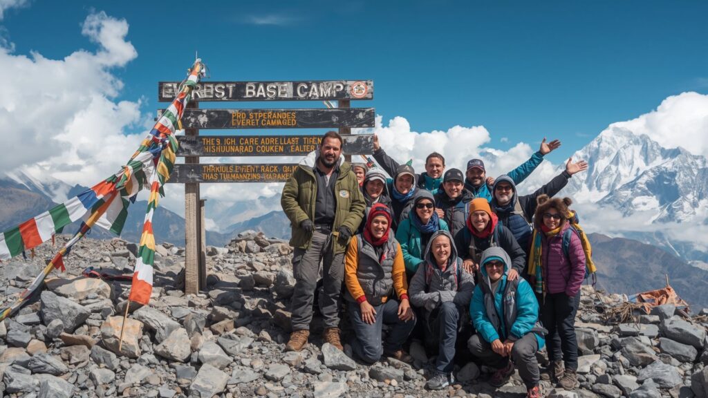 Irish trekkers celebrating reaching Everest Base Camp with Pat Falvey