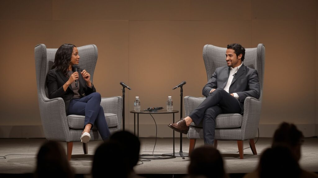 Icons interviewed conversation format with interviewer and guest on stage in Kerry