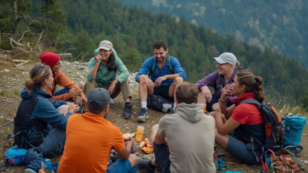 Effective teams bonding during shared mealtime break on guided mountain expedition