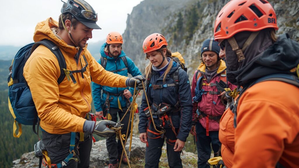 Effective teams receiving professional training and preparation for mountain expedition with experienced guide