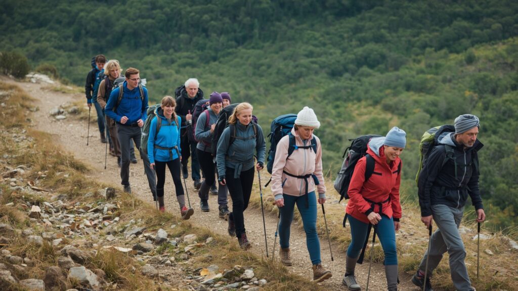 Effective teams demonstrating unity and individuality during challenging mountain trek together