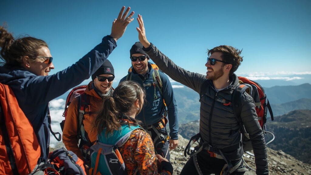 Effective teams celebrating achievement and recognising individual contributions at mountain summit