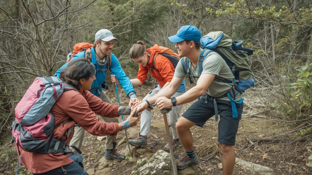 Effective teams demonstrating practical cooperation and mutual support during mountain expedition