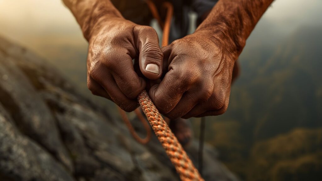 Life isn't a rehearsal - experienced hands on climbing rope during mountain expedition