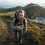 Person walking on a scenic coastal or mountain path in Ireland, looking engaged and purposeful, natural lighting, landscape view
