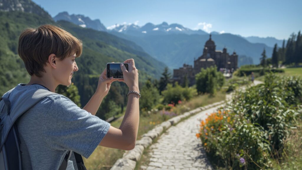 Things to do while walking include taking photographs of scenery and architecture