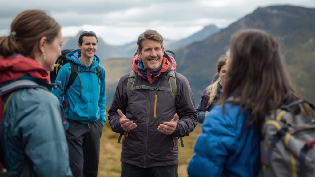 Mountain guide Pat Falvey demonstrating the power of listening with expedition team on Irish mountain trail