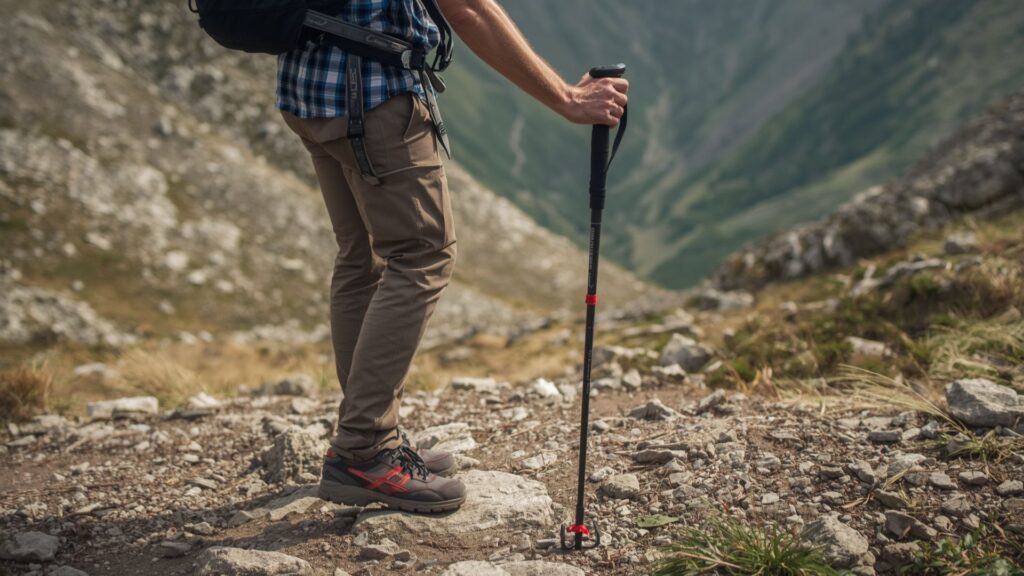 Hiker demonstrating how to hold trekking poles with correct 90-degree elbow angle on mountain trail