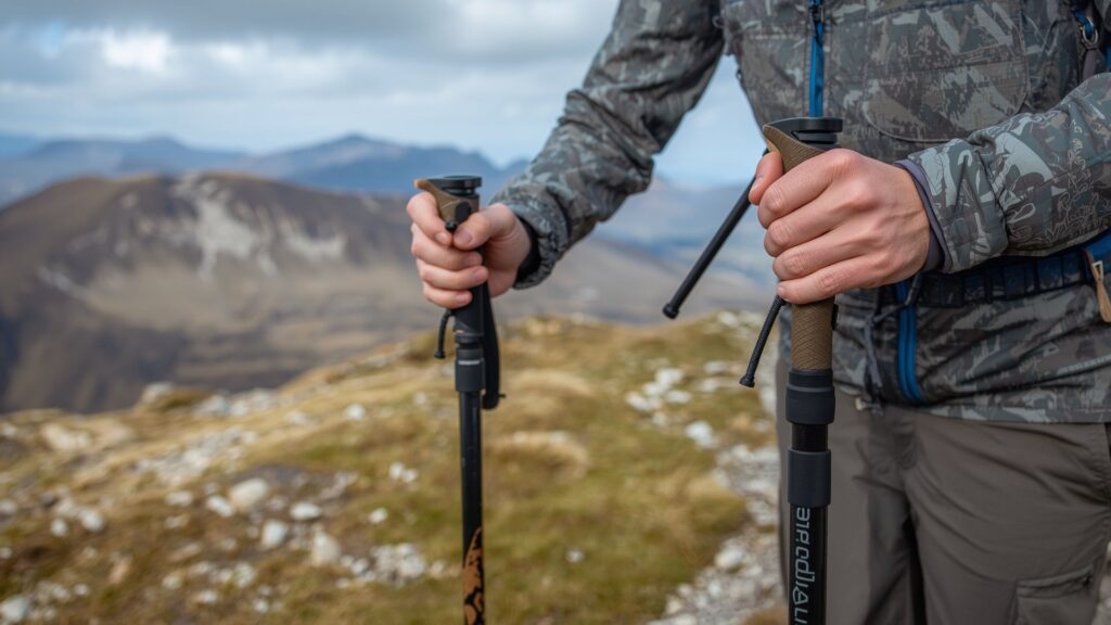 Hiker adjusting trekking poles length for terrain changes using telescoping mechanism on mountain trail