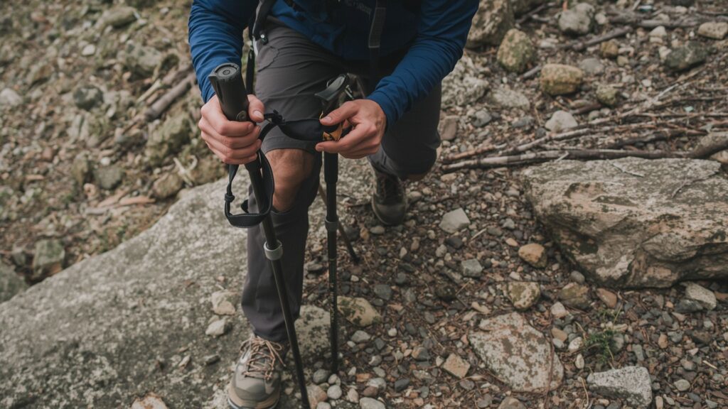 Scrambling technique with trekking poles held by shaft with hands removed from straps for safety
