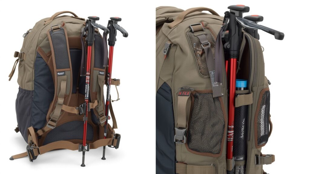 Trekking poles stored correctly on hiking rucksack with tips pointing downward in attachment loops