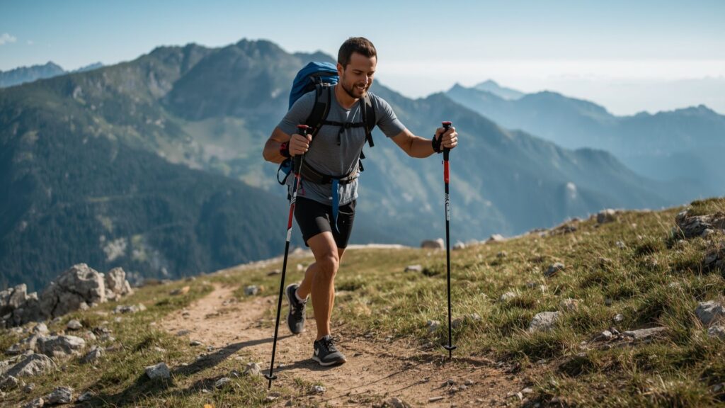 Hiker using trekking poles demonstrating full-body workout engagement and four-point contact rhythm on trail