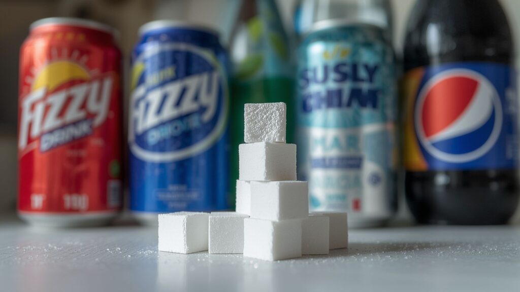 Advice about food showing added sugar content in fizzy drinks compared to recommended daily limits