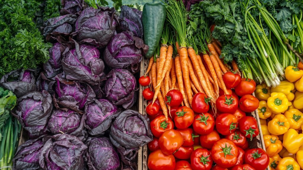 Advice about food highlighting colourful vegetables providing essential vitamins minerals and antioxidants