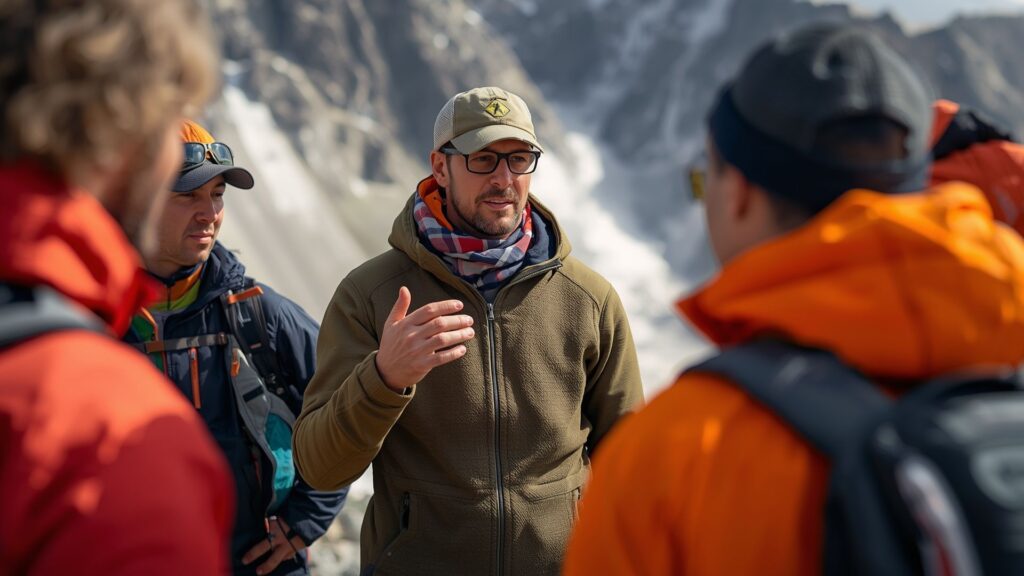 Leadership through clear communication as expedition leader briefs team before mountain climb