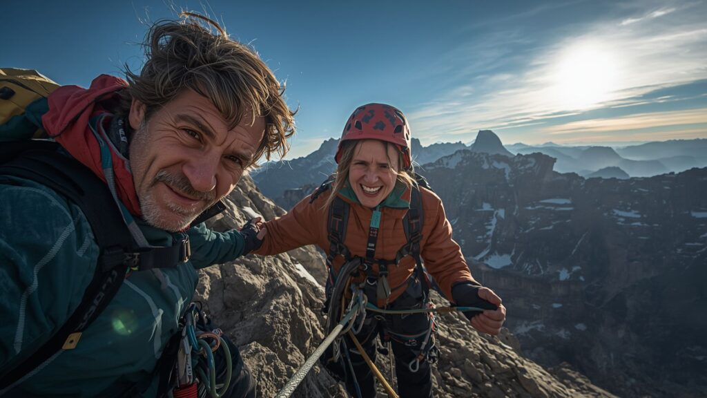 Leadership and trust building during guided climb with experienced mountaineer supporting team member
