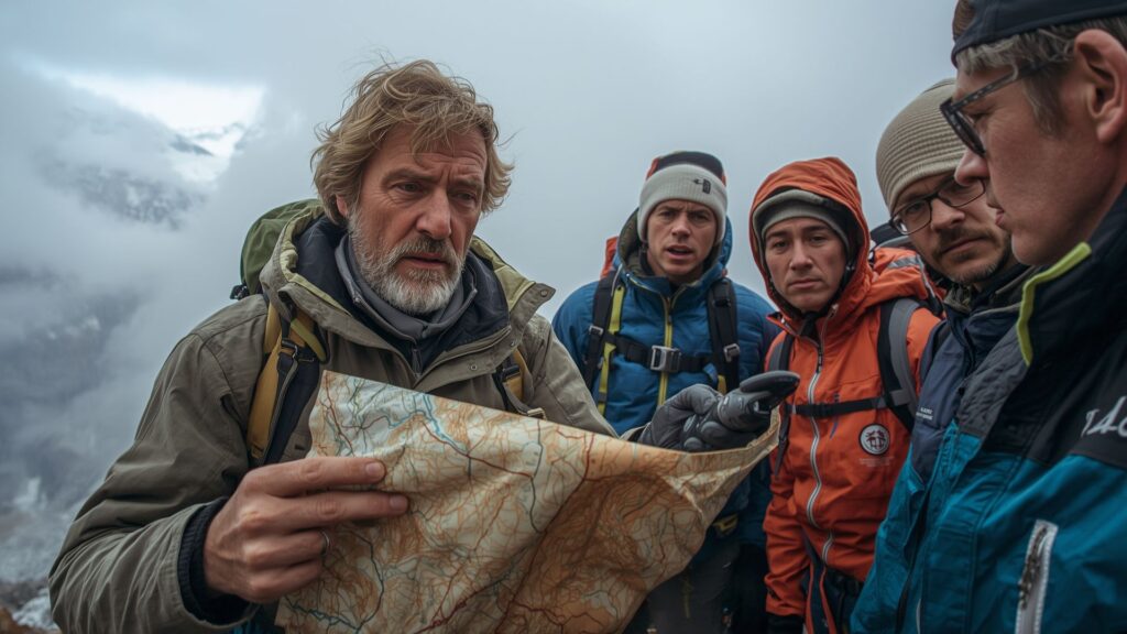 Leadership adaptability as guide assesses conditions and adjusts route plan with team consultation