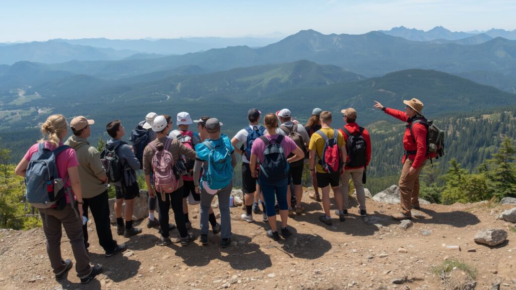 Leadership inspiration as mountain guide shares vision and motivates team towards ambitious climbing goals