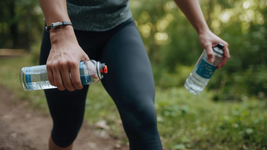 Walking to burn calories with hand weights showing proper arm technique