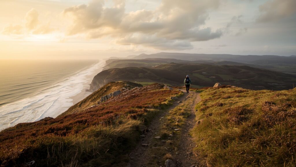 Walking to burn calories on scenic Irish trails with mountain views