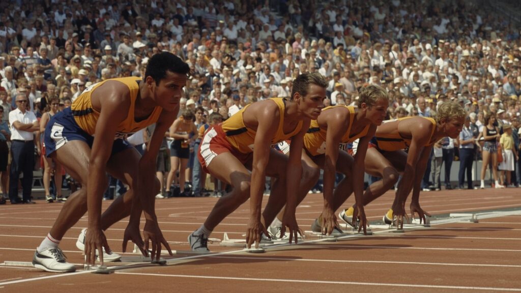 Athletes preparing at starting blocks before the greatest race at 1968 Seattle Special Olympics