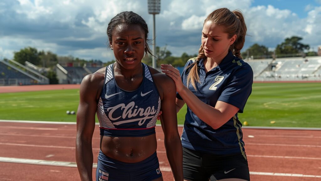 Teammate helping fallen runner during the greatest race showing true sportsmanship and compassion