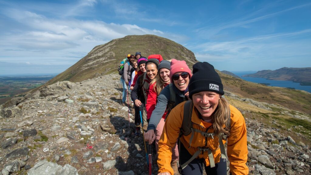 Mountain hiking team working together on rocky terrain, helping each other climb, teamwork in outdoor adventure setting, Kerry mountains landscape