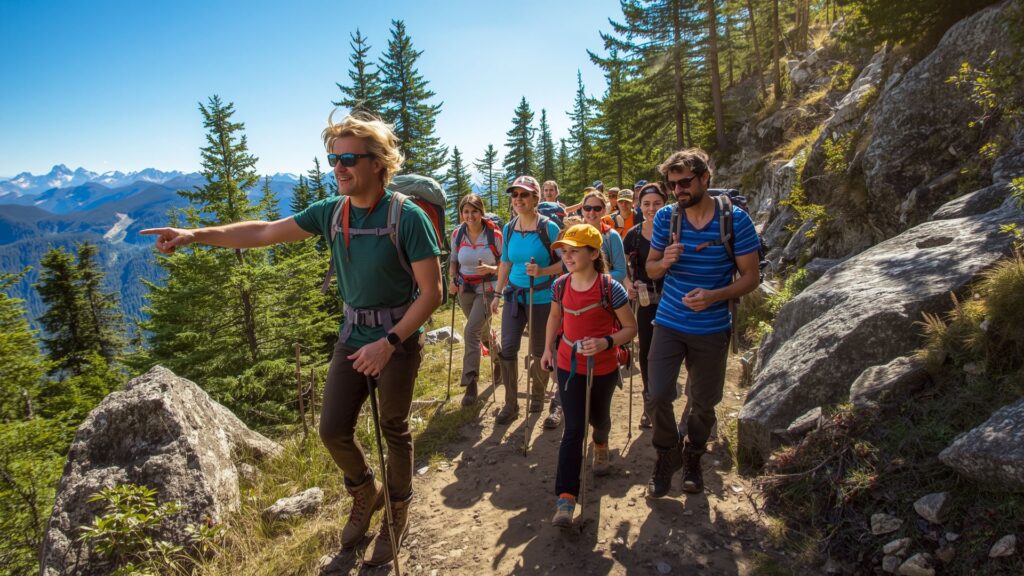 Mountain guide leading team with greatest race principles of collective success and mutual support