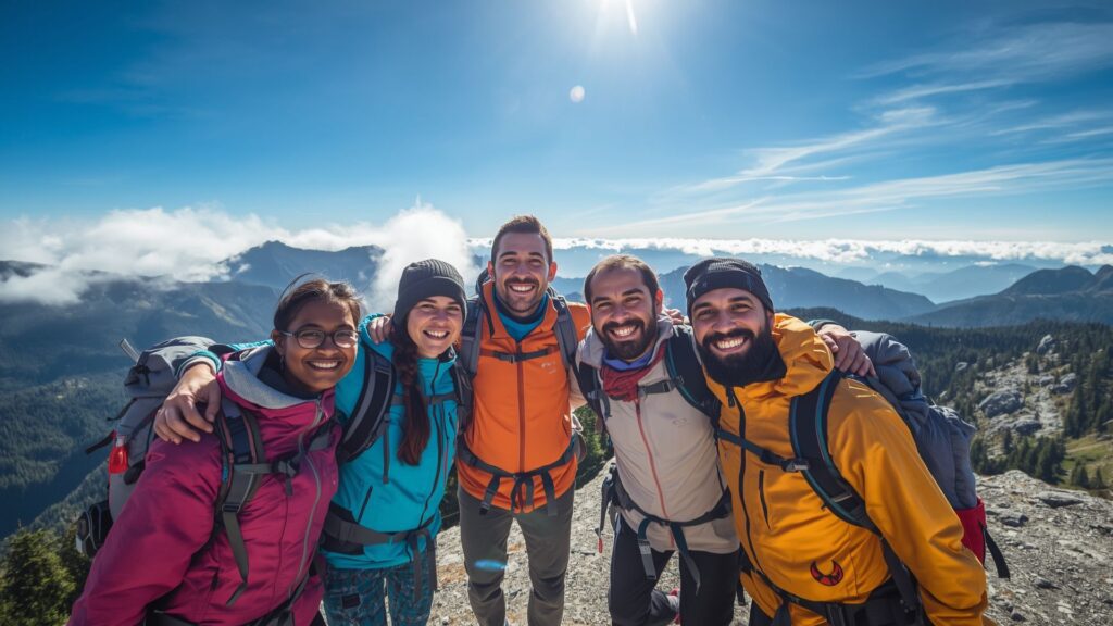 Team celebrating summit success together reflecting greatest race values of collective achievement