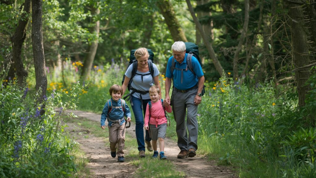 Family trekking together demonstrating greatest race principles of mutual support across generations