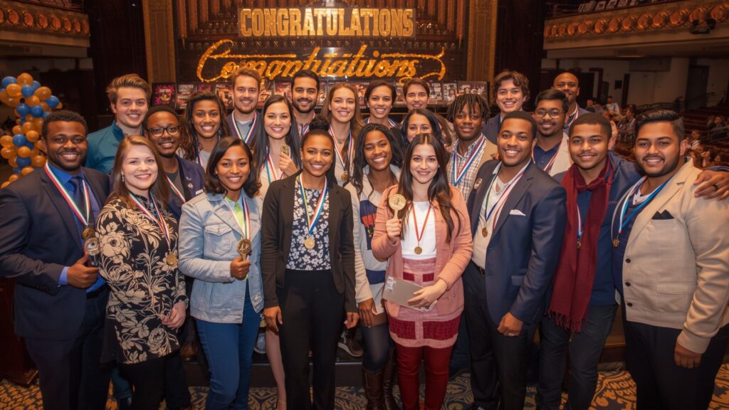 Team receiving recognition together embodying the greatest race spirit of collective reward and achievement