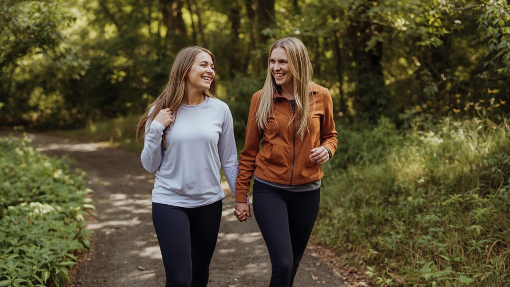 Two people walking together showing social support through exercise with depression