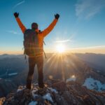 ACTION Third Attribute of Success demonstrated by climber celebrating summit achievement at sunrise