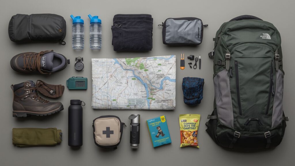 Essential gear for beginner hiking tips including waterproof boots, jacket, navigation tools and safety equipment for Irish trails